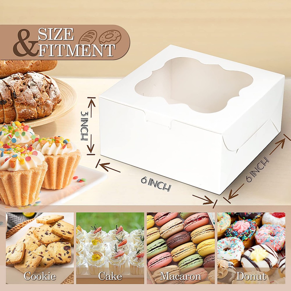 65PCS White Bakery Boxes with Window 6x6x3" 5 Style Cookie Boxes Candy Donut