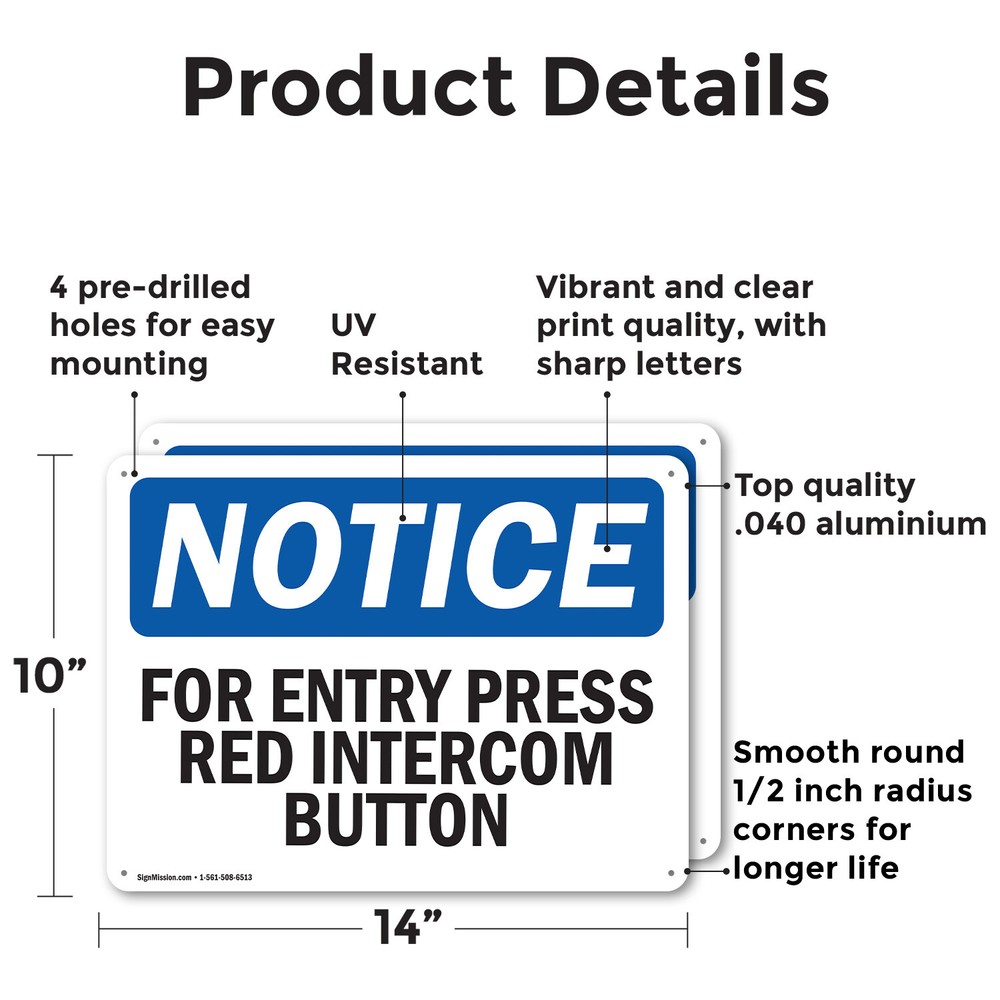 (2 Pack) For Entry Press Red Intercom Button OSHA Notice Sign Decal Metal