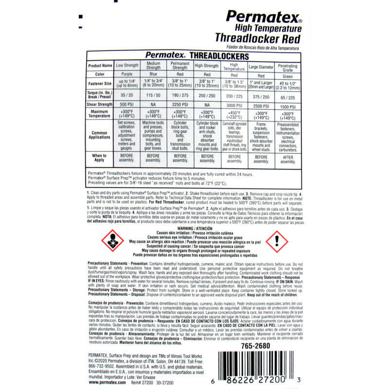 Permatex Thread Locker 27200; Red High Temp/Strength, 0.34oz Squeeze Bottle