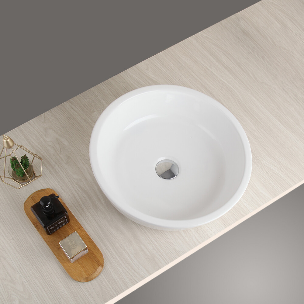 Tempered Ceramic Bathroom Vessel Sink Basin Bowl +Chrome Drain Combo Up
