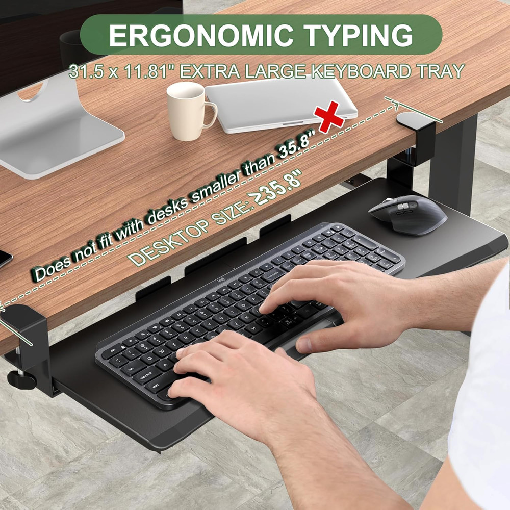Extra Large Keyboard Tray under Desk - Slide Out with Sturdy C-Clip Mount System