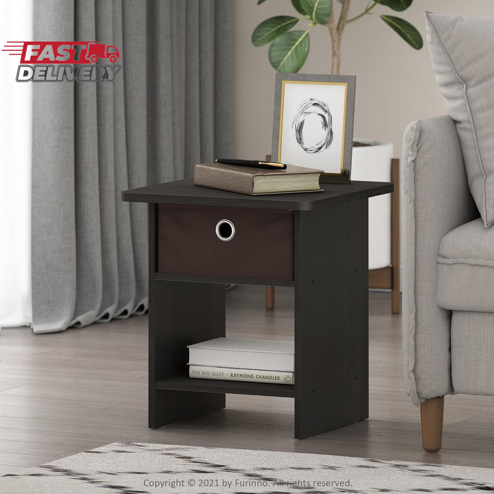 Furinno DARIO Side Table, Square End Table with Storage Bin, round Corner Night