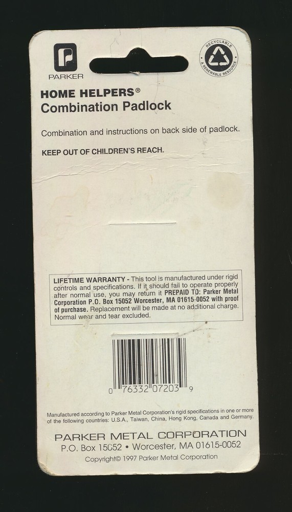 Parker Home Helpers Locker Padlock Combination ~ New In Package