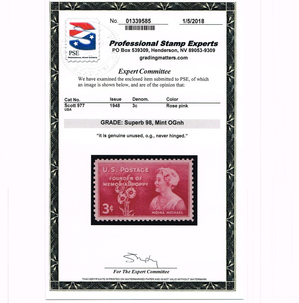 EXCEPTIONAL GENUINE SCOTT #977 MINT PRISTINE OG NH PSE CERT GRADED SUPERB 98