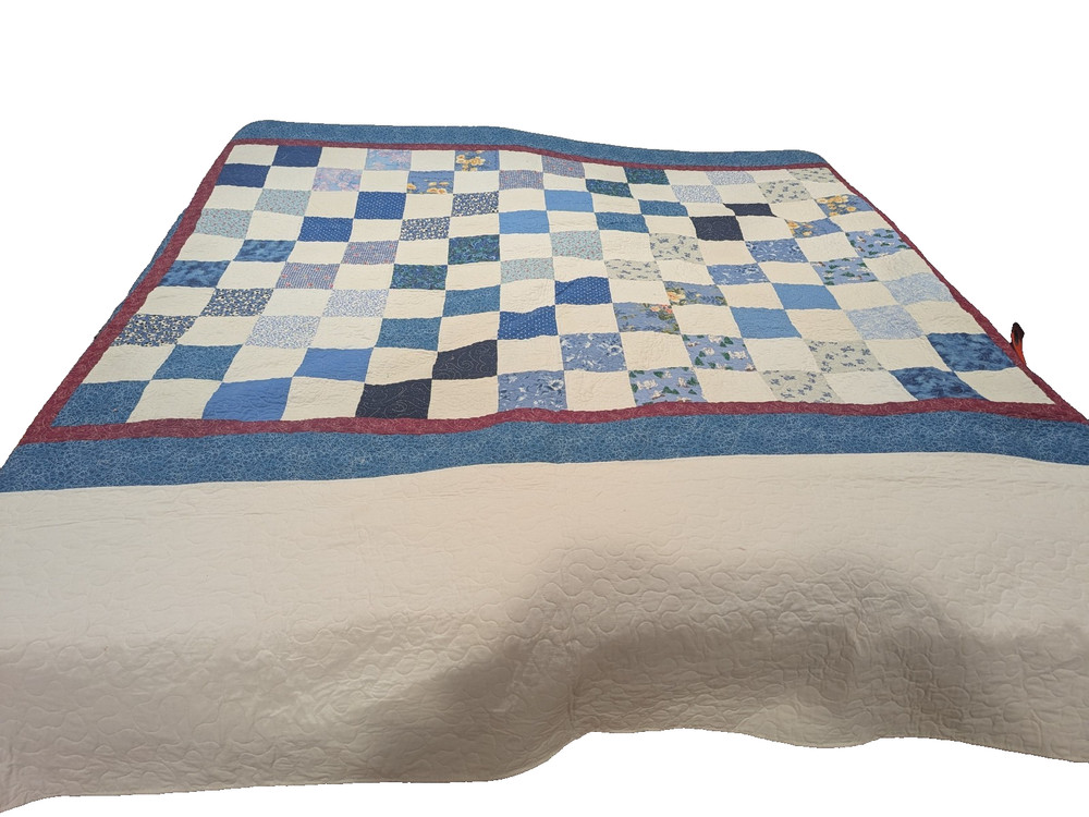 COUNTRY PATCHWORK QUILT King SZ BLUE WHITE Red 2 SIDED