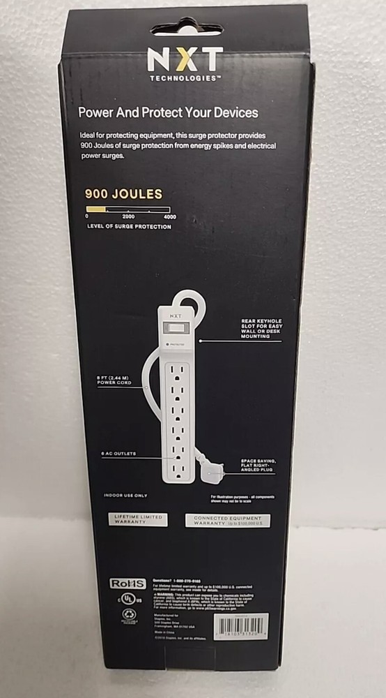 8ft Extension Cord With 6 Outlets NXT Technologies SURGE PROTECTOR -NIB