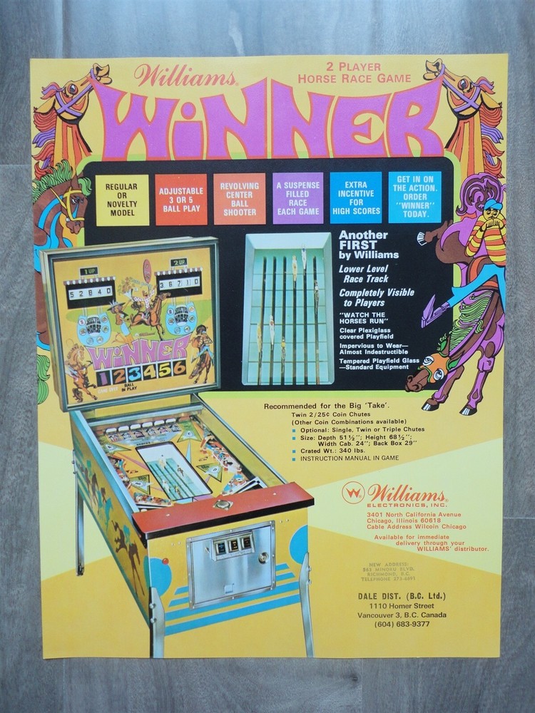 Winner Pinball Machine Flyer / Williams Original Brochure