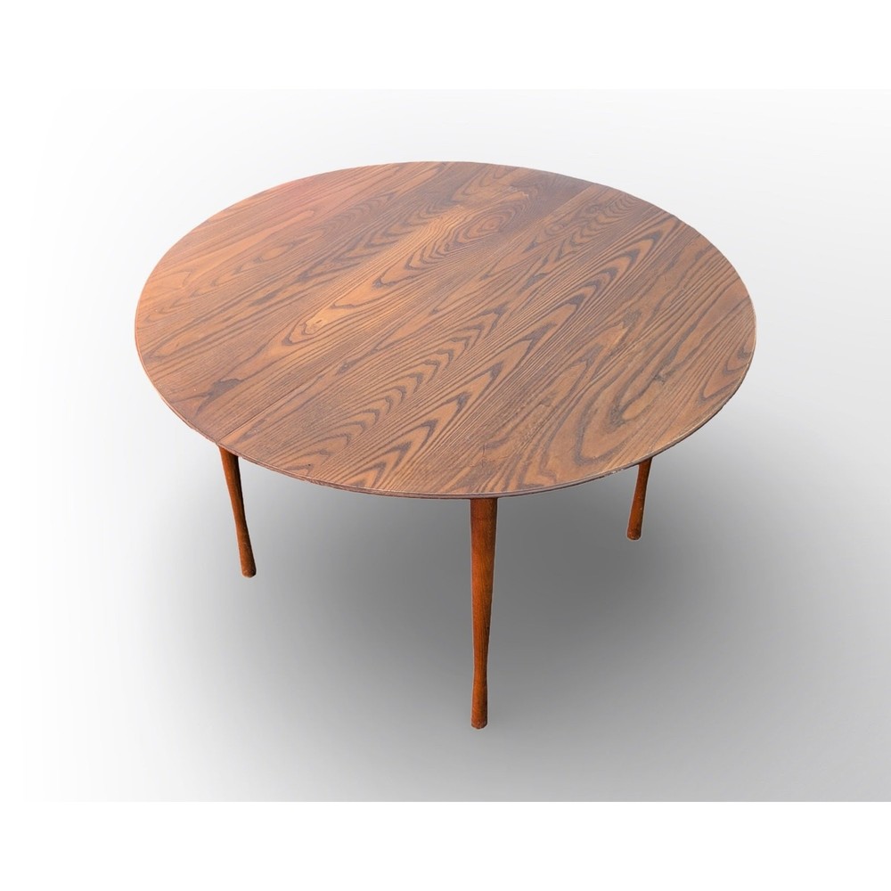 Heywood Wakefield Round Dining Table Danish Modern Solid Oak 44.5" MCM