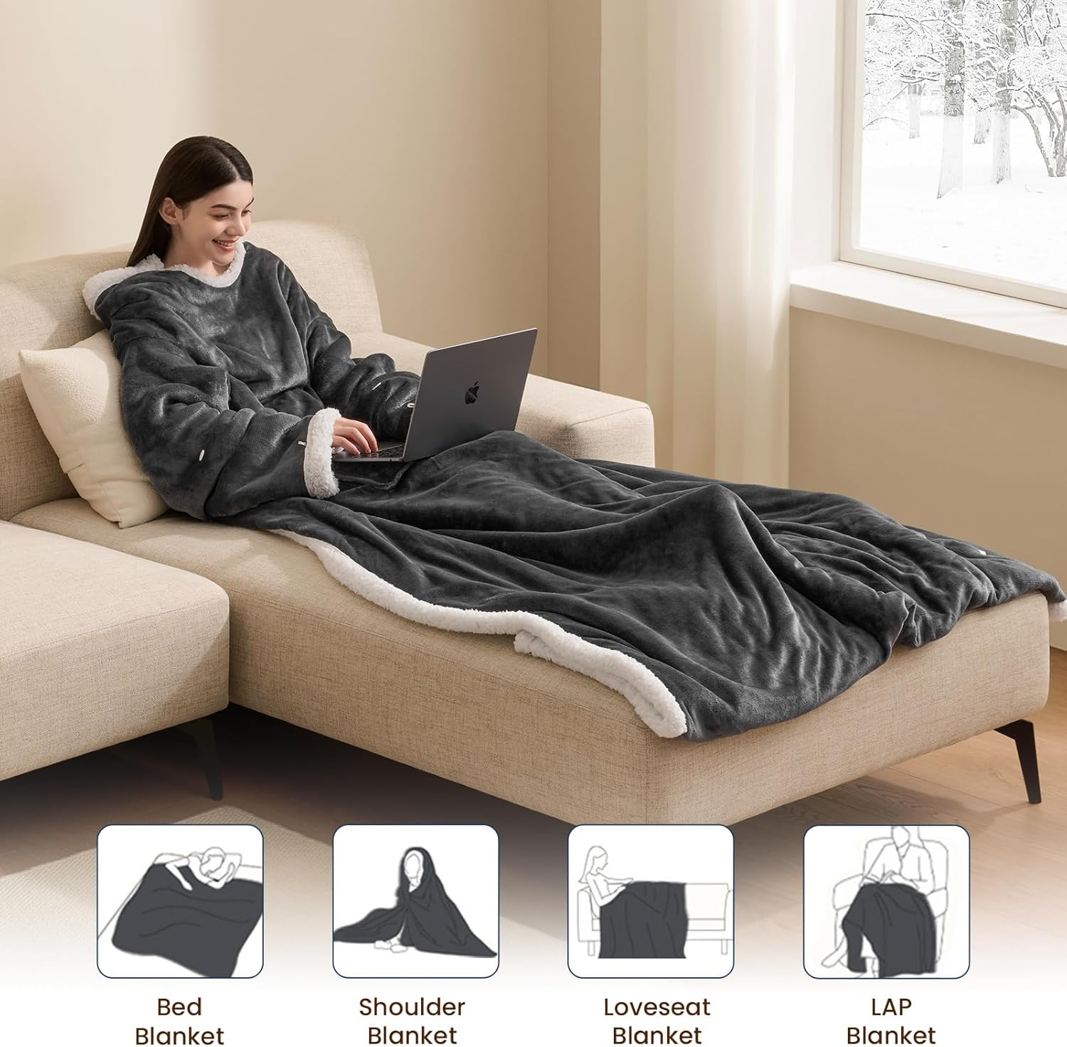 Heated Electric Blanket Wearable Throw - Heated Wearable Robe with Sleeves and F