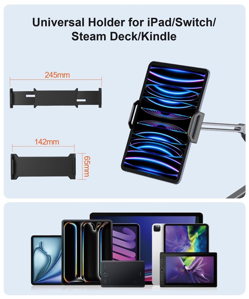 YICOSUN Tablet Arm Mount with Super Grip, Adjustable Foldable Holder & Gray