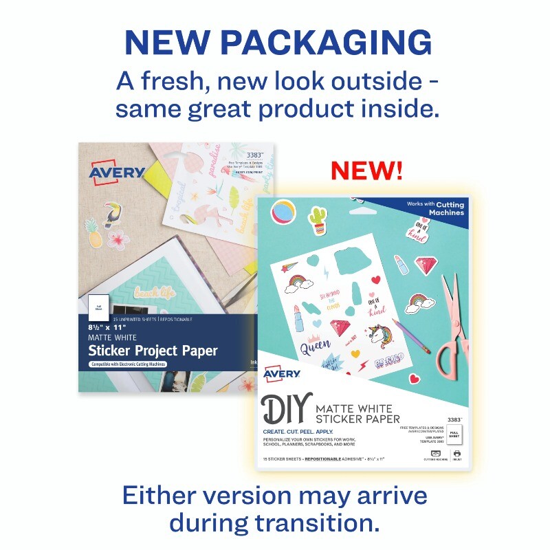 Avery Sticker Paper, 8.5" x 11", White, 15 Sheets (3383)