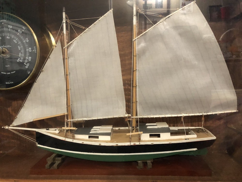 Scale Model Sailboat and Brass Wind Speed Instrument Shadow Box