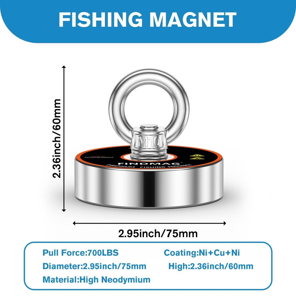 Magnet Fishing Kit, 700 lbs Pulling Force, 2.95" Diameter | Complete Set with