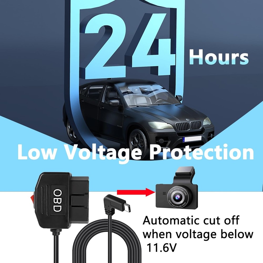 OBD OBD2 Hardwire Kit Power Cable for Dash Camera with 90Degree USB Type C 12