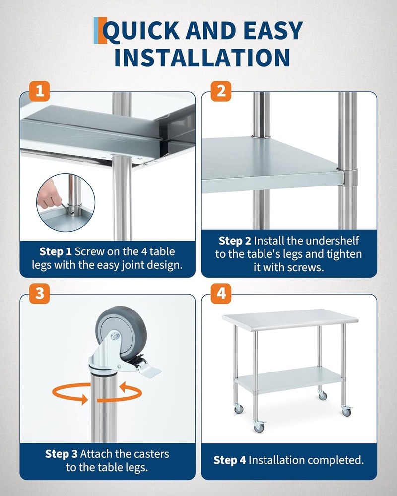 Stainless Steel Table - Casters NSF,4 Caster Wheels & 2 Adjustable Under Shelf