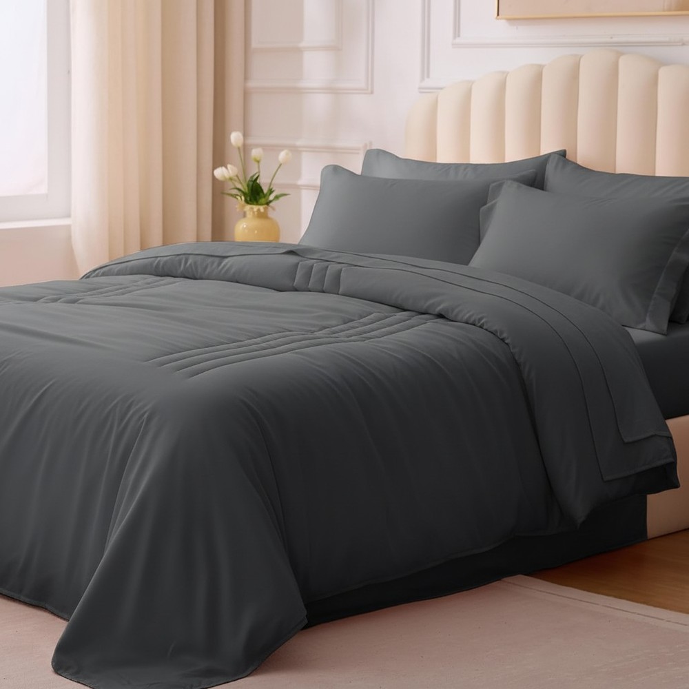 OEKO-TEX Certified King Comforter Set - Soft & Stylish 7-Piece Dark Grey Bed Set