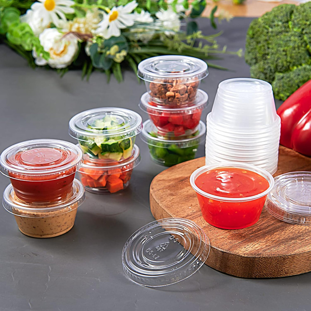 200 Sets 2 Oz Disposable Plastic Portion Cups with Lids, Small Plastic Condiment