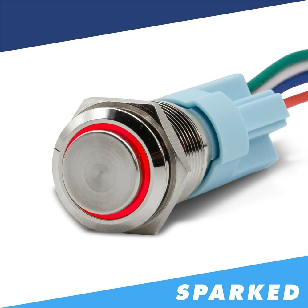 Sparked Innovations Aluminum Latching Push Button Switch 12V Halo Ring - Red
