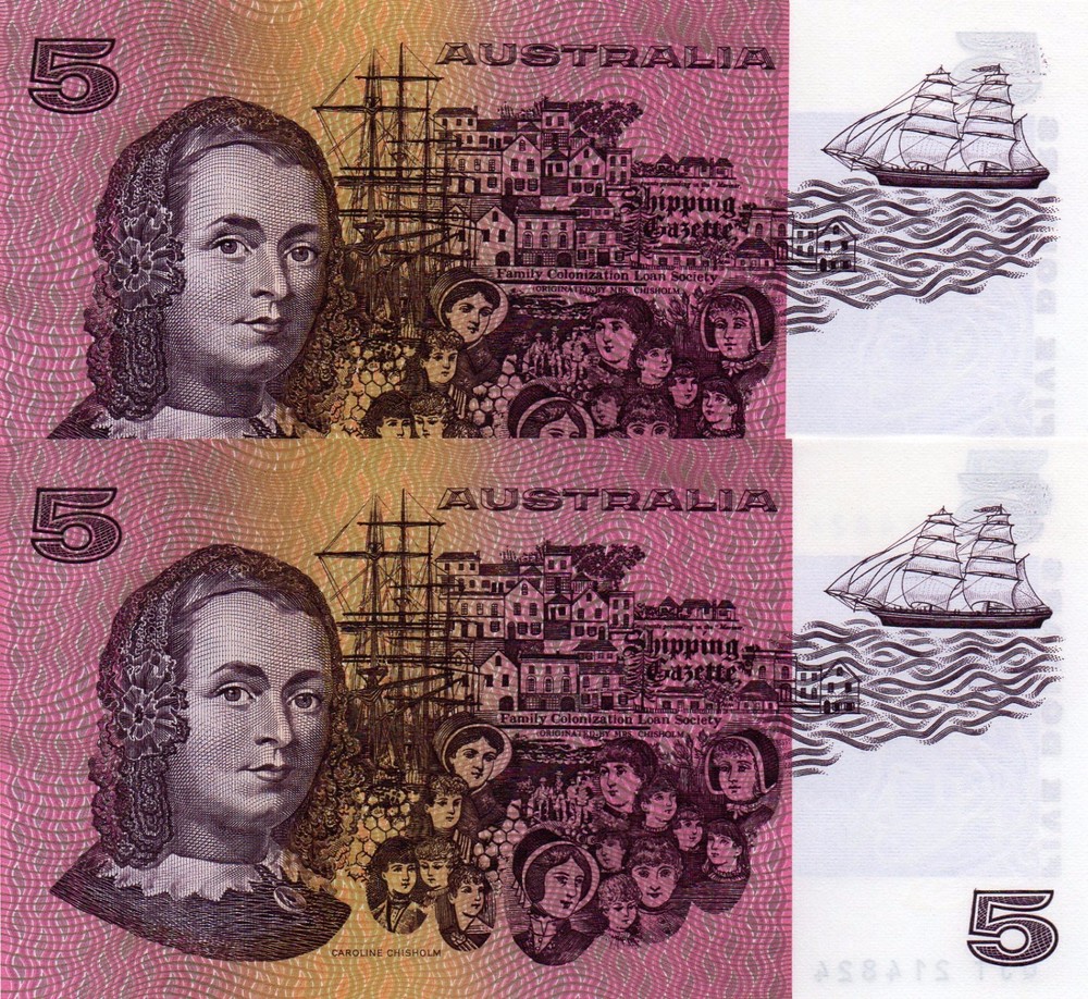 1991AUSTRALI $5 Fraser/Cole TWIN CONS PAIR Same serial Numbers Same Prefix 4note