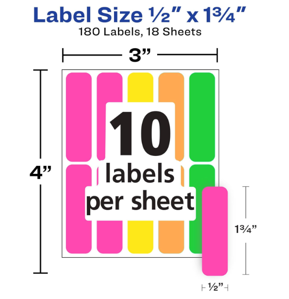 Avery Removable Color-Coding Labels, Handwrite 1/2" x 1-3/4" 180 Count