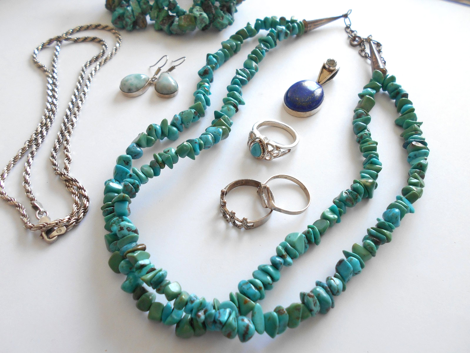 Lot of 8 Pieces Sterling Turquoise, Lapis, Larimar Jewelry Lot #5 130 Grams