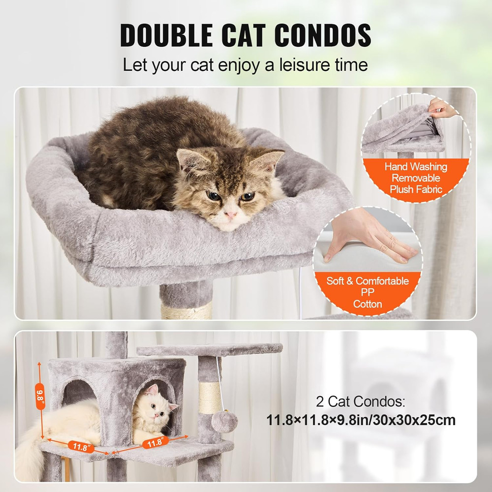 Deluxe 63" Cat Tree with Condos, Hammock, Scratching Post & Perch - Light Grey