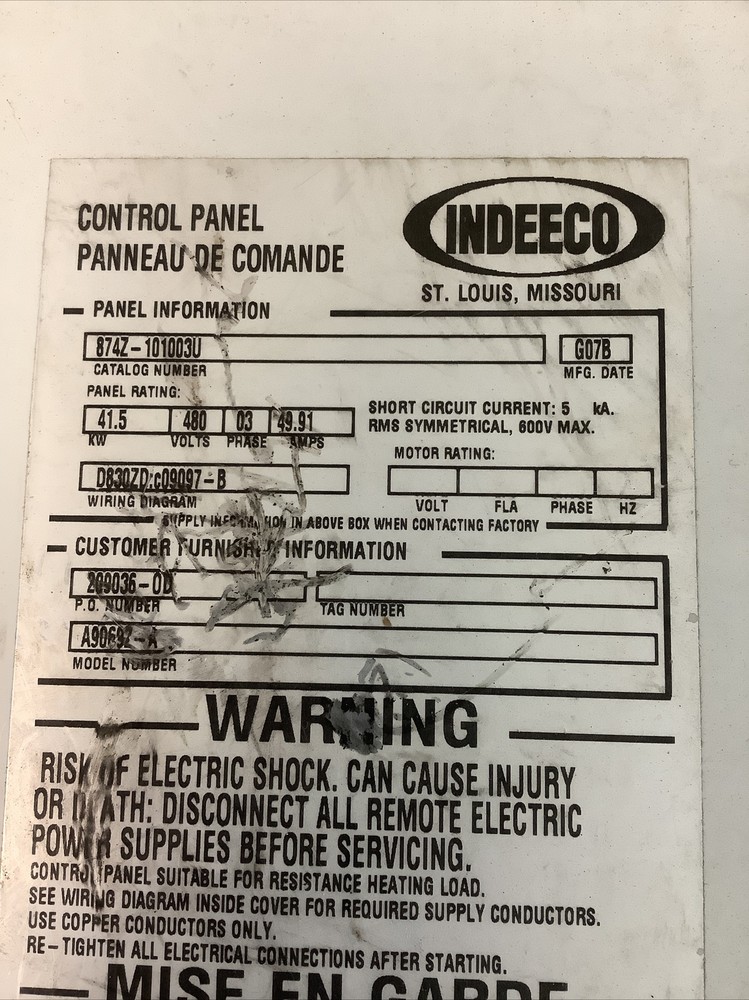 Indeeco Heater Control Panel 874Z-101003U