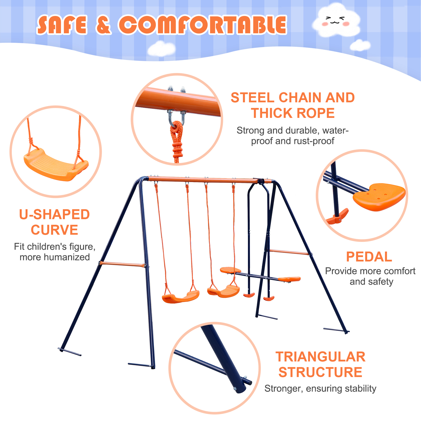 Double Kids Play Swing Set w/ 2 Seats & 1 Glider for Outdoor Backyard Heavy-Duty