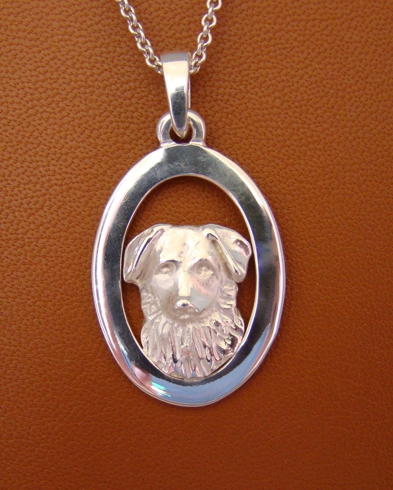 Sterling Silver German Shepherd Puppy Head Study On A Vertical Oval Frame Pendan