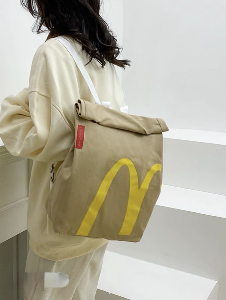 McDonald's Beige Backpack with Yellow Logo, Snap Closure, Shoulder Strap, Medium