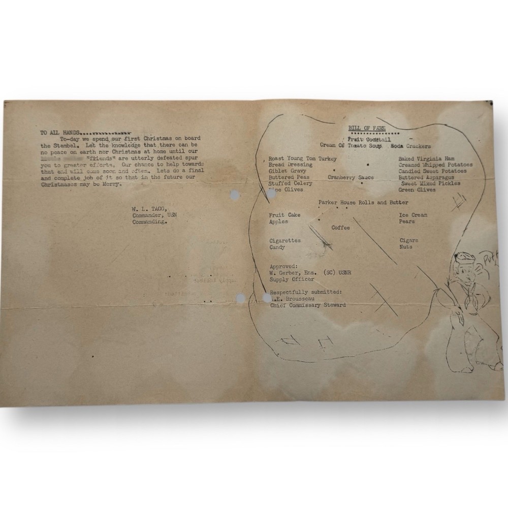 1943 USN USS Stembel Christmas Dinner and Menu