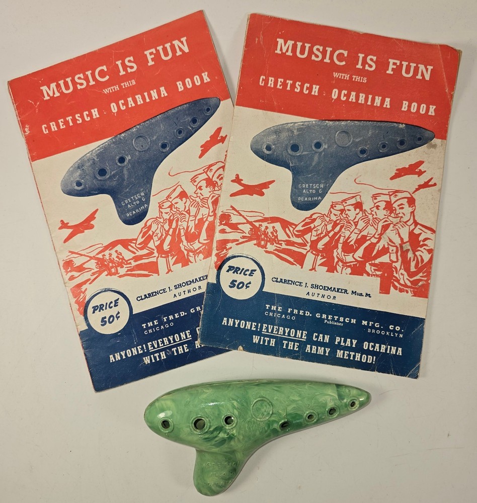 WWII Gretsch Alto C Ocarina Green Swirl & 2 "Music Is Fun" Army Method Books