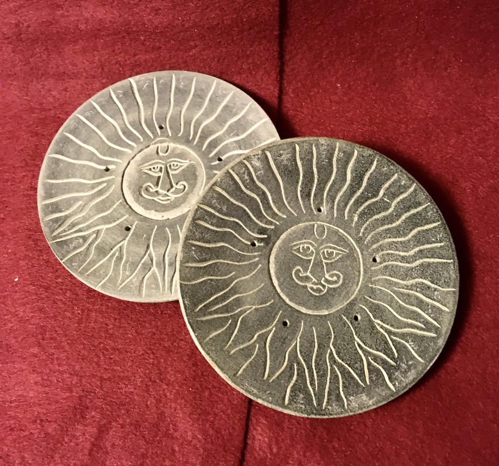 soap stone coasters, sun face carving. Pair