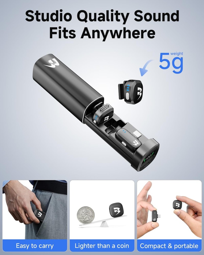 2 Pack Wireless lavalier Microphone,Mini Microphone (Lightning/USB Black Small