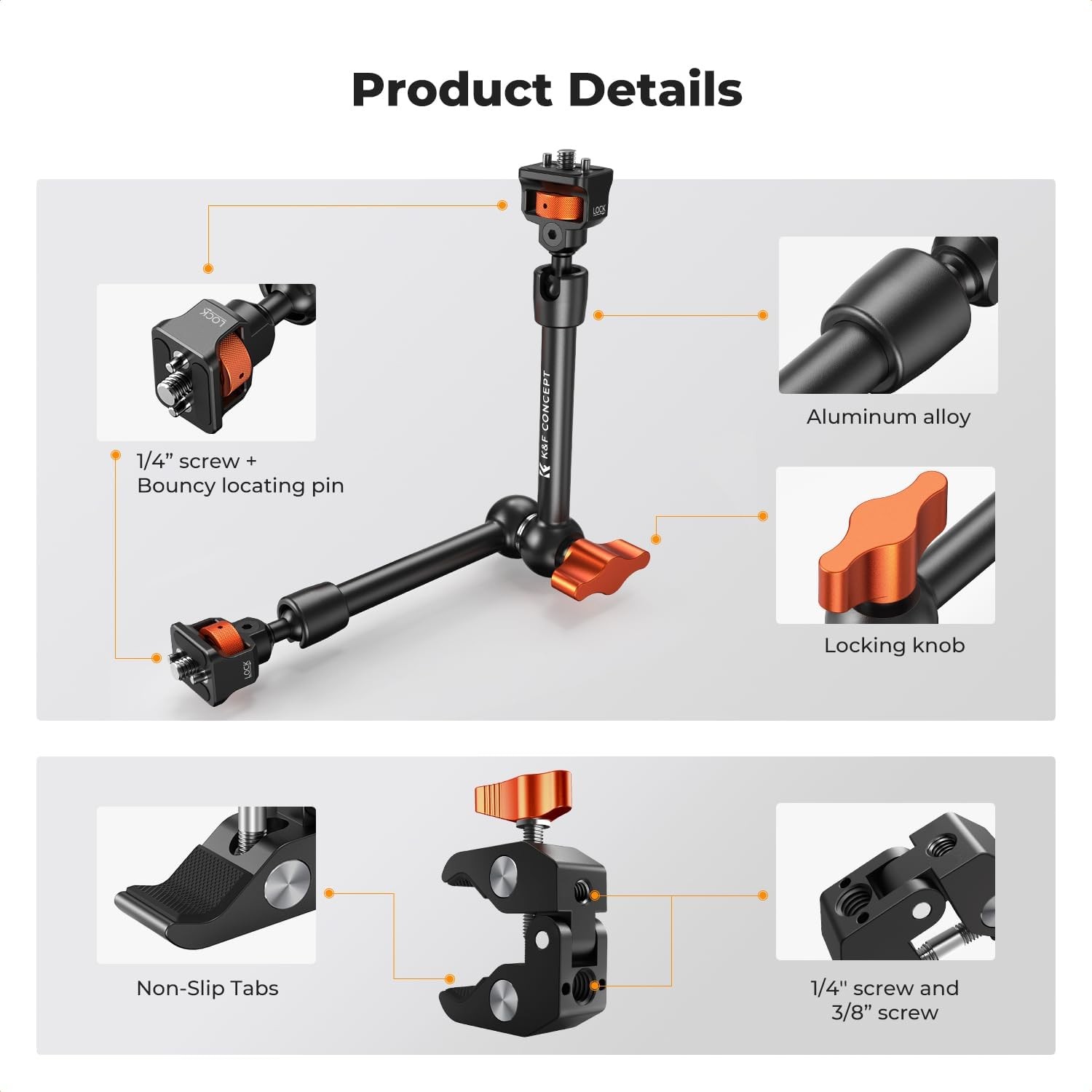 K&F CONCEPT 11" Magic Arm Clamp Kit Articulating Arm Camera Adapter for DSLR