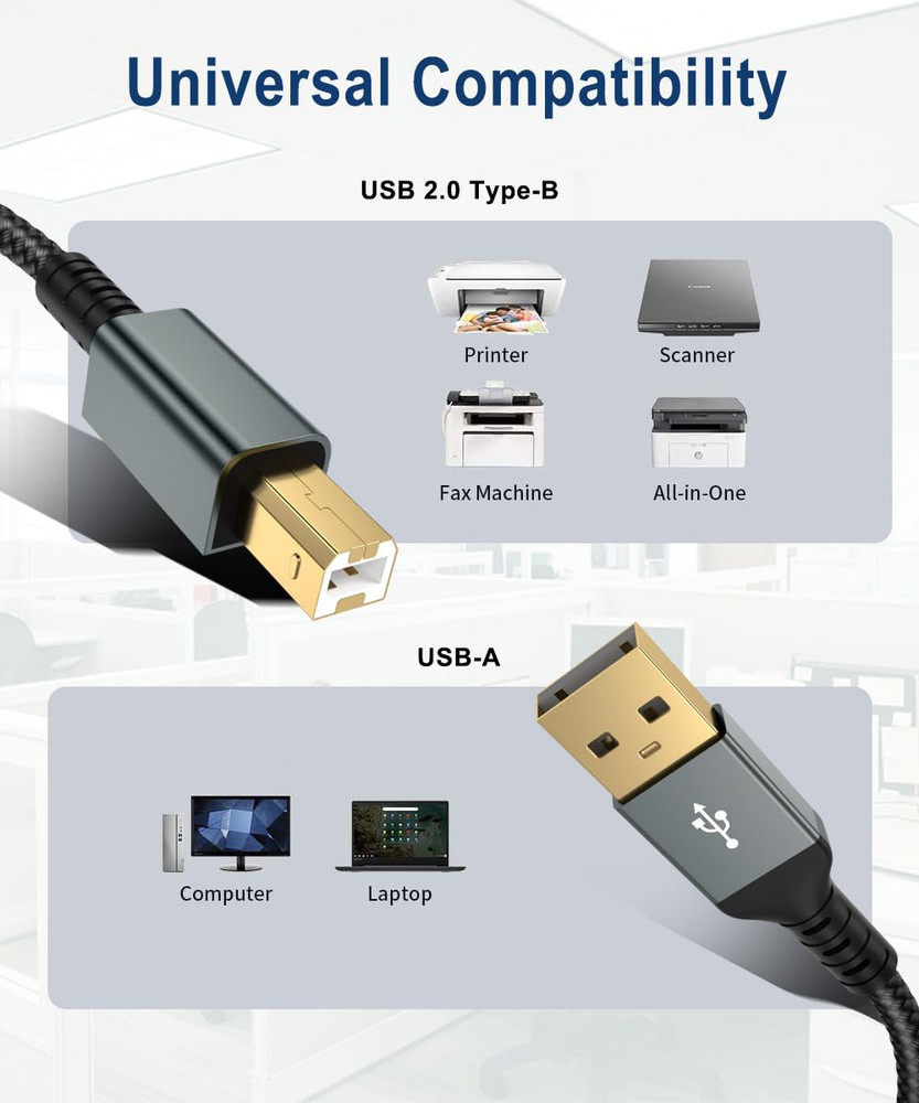 15FT USB Printer Cable, Nylon Braided High Speed USB 2.0 Type A to B Scanner Cor