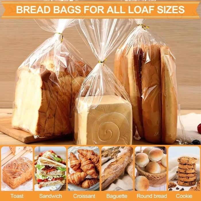70 Pack Bread Bags with 100 Ties – 8"x4"x18" Clear Reusable Plastic Loaf Bags