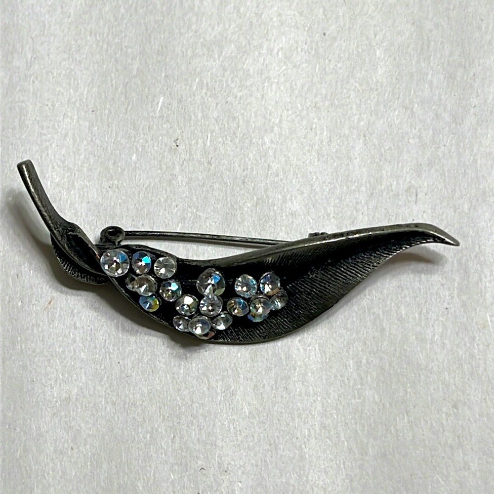 Elegant Etched Pewter Rhinestone Brooch