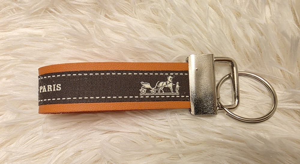 Hermes Upcycled Repurposed Leather Keychain Key Fob Accessories Authentic Ribbon