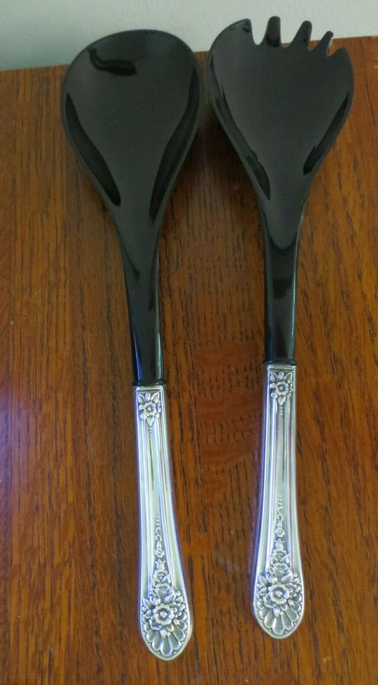 2 GORGEOUS VINTAGE BLACK PLASTIC WITH ORNATE SILVERPLATE SALAD SERVING PIECES