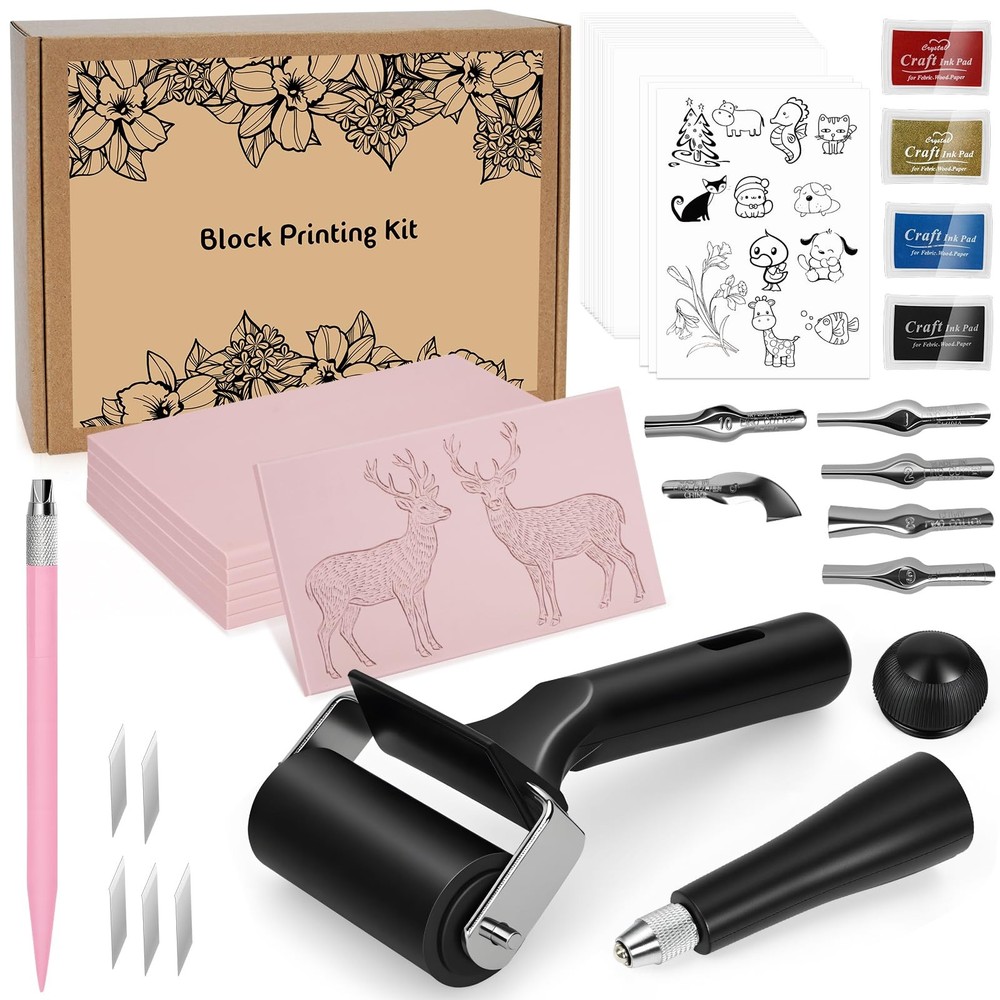 47 Pcs Block Printing Starter Tool Kit Includes Rubber Blocks,Carving Tools, ...
