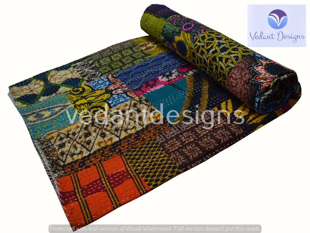 Handmade Patchwork Kantha Embroidery Double Blanket Throw Indian Bedspread
