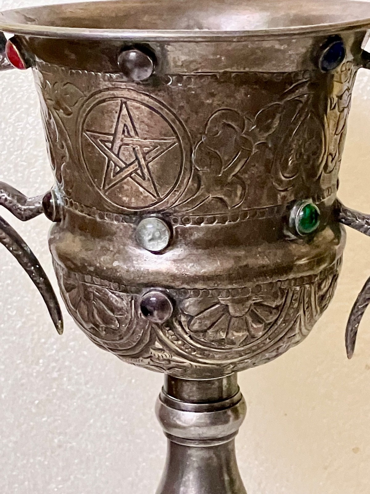 Chalice Carbochons Dragons Pentacle Stars Pentagram Hand Made Silver Plated 13”