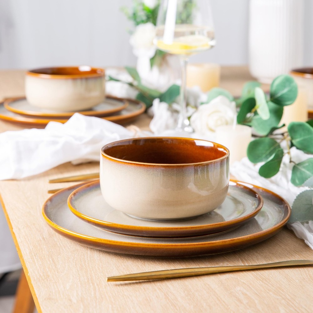 LERATIO Ceramic Dinnerware Sets for Service 8 （24pcs）, Modern-Kahki