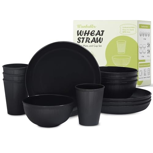 Wheat Straw Dinnerware Sets, Kitchen Unbreakable Wheat Straw Plates and Black