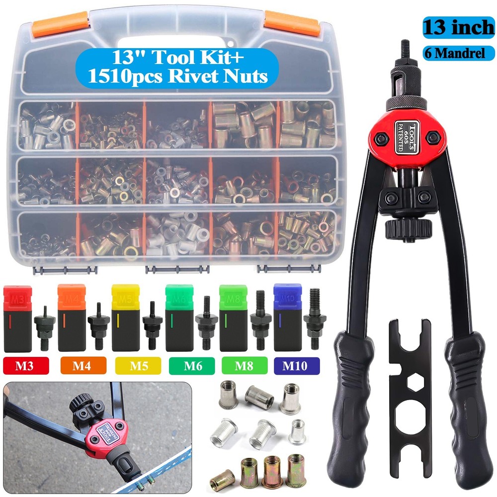 1510pc Rivet Nut Gun Kit Rivnut Setting Tools Nut Setter Tool Hand Blind Riveter