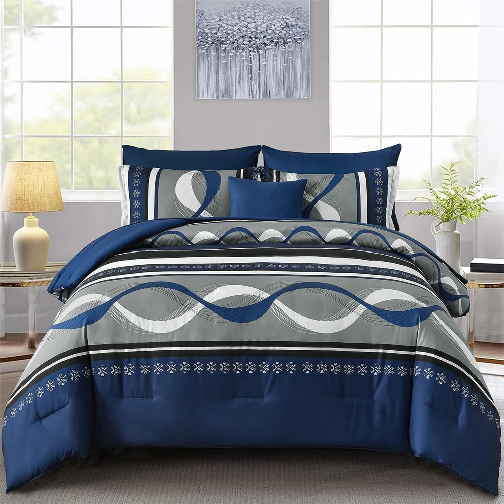 Queen King 8-Pc Boho Comforter Set - Patchwork Striped Microfiber Bed in a Bag