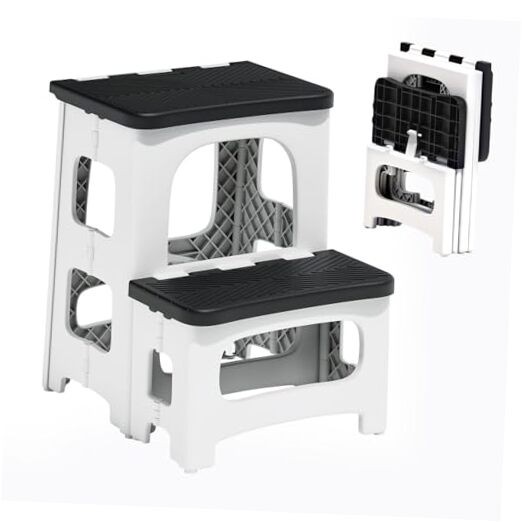 2 Step Stool Foldable, Non-Slip Steps, Folding Step Stool for Adults & White