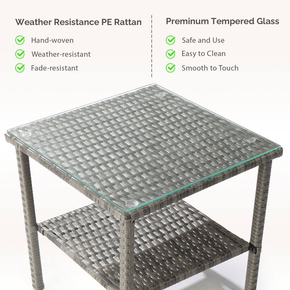 Brand New Square Double-layer Glass Tabletop Gray Gradient Rattan Edge Table-