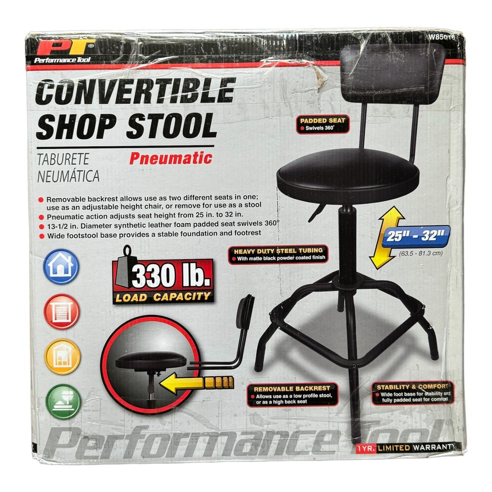 Comfortable Adjustable Performance Tool Pneumatic Swivel Shop Garage Stool Black